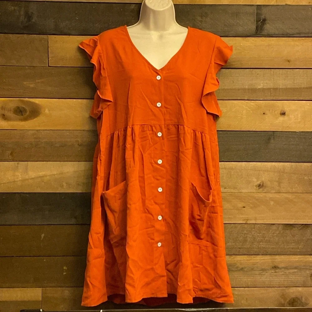 Ruffle Sleeve Button-Front Babydoll Dress – Size Medium 🧡 - Picture 1 of 10